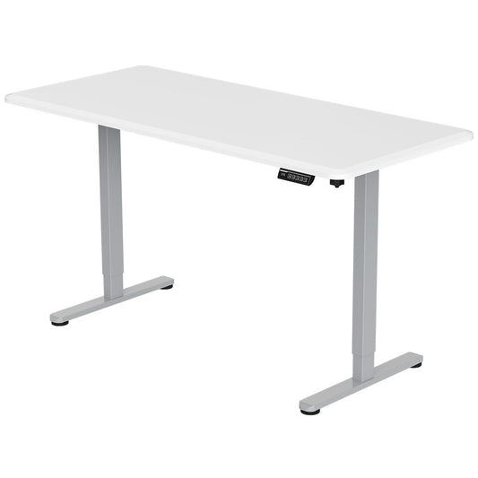Image of fortia sit to stand up standing desk, 150x75cm, 72-118cm, height adjustable, 50kg rated, matte white/silver frame  suitable for aged care, corporate offices, and commercial settings