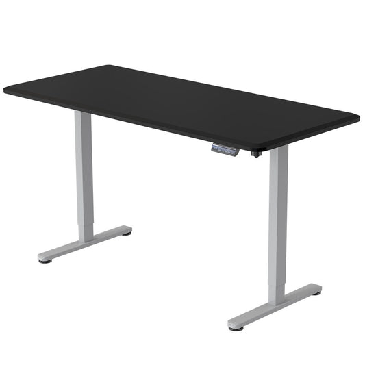 Image of fortia sit to stand up standing desk, 160x75cm, 72-118cm, height adjustable, 50kg rated, black/silver frame  suitable for aged care, corporate offices, and commercial settings