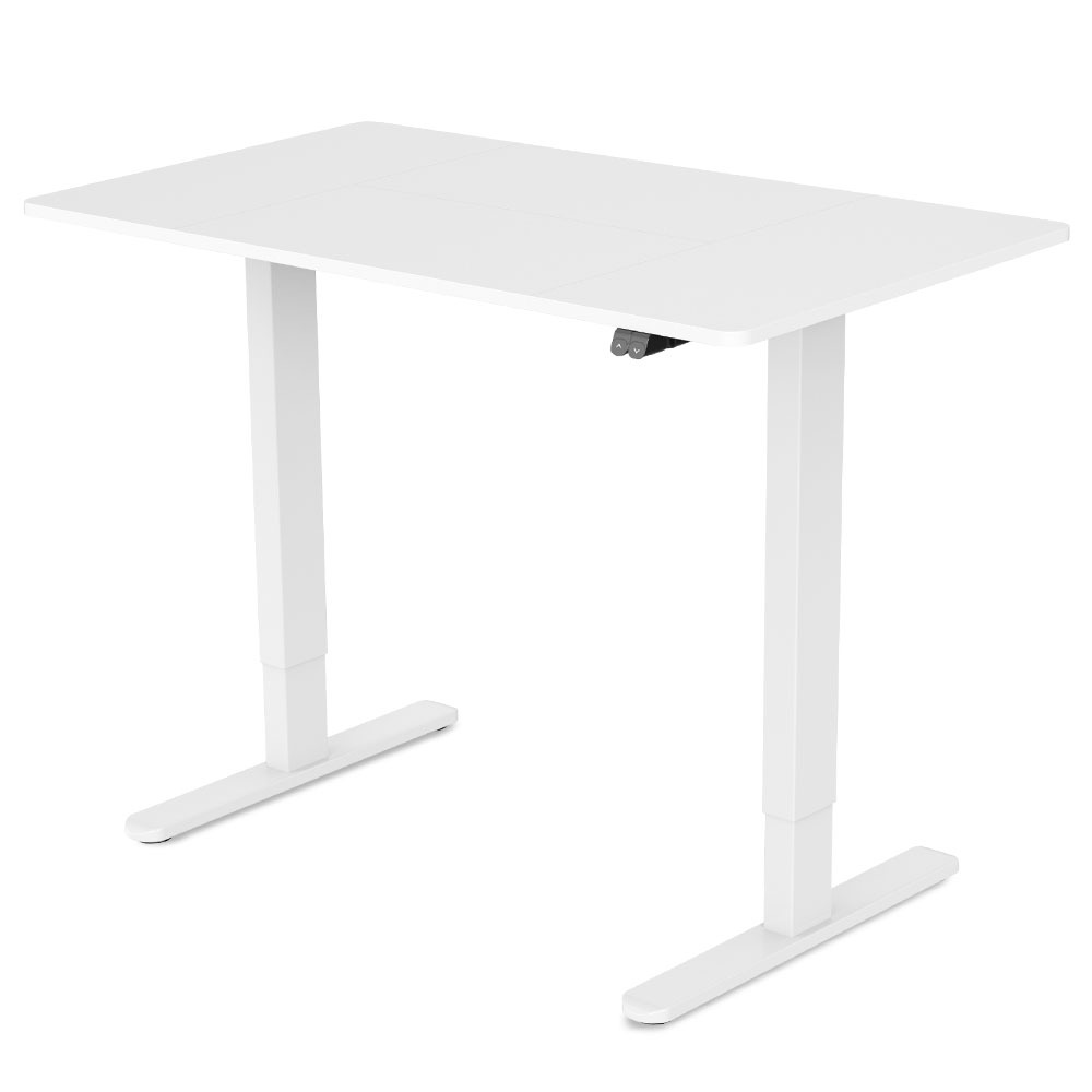 Image of fortia sit to stand up standing desk, 120x60cm, 72-118cm electric height adjustable, 70kg rated, white/white frame suitable for aged care, corporate offices, and commercial settings