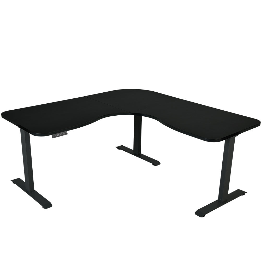 Image of fortia corner standing desk, 1730w x 1730w x 750d, 3 motors, 120kg load, sit to stand up electric height adjustable, black/black frame suitable for aged care, corporate offices, and commercial settings