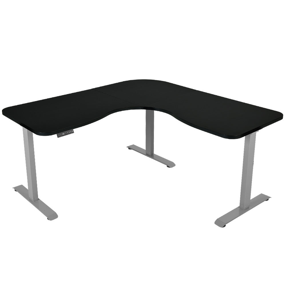 Image of fortia corner standing desk, 1730w x 1730w x 750d, 3 motors, 120kg load, sit to stand up electric height adjustable, black/silver frame suitable for aged care, corporate offices, and commercial settings