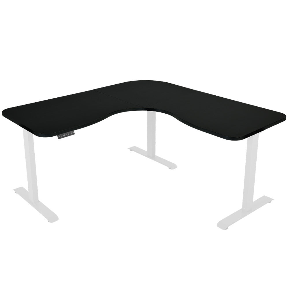 Image of fortia corner standing desk, 1730w x 1730w x 750d, 3 motors, 120kg load, sit to stand up electric height adjustable, black/white frame suitable for aged care, corporate offices, and commercial settings