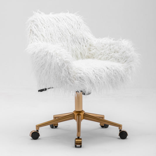 Image of fluffy office chair faux fur modern swivel desk chair for women and girls-white  versatile for both home and professional use