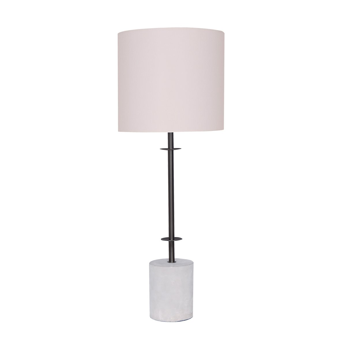 Image of sarantino concrete & metal table lamp with ghost-white linen drum shade versatile for both home and professional use