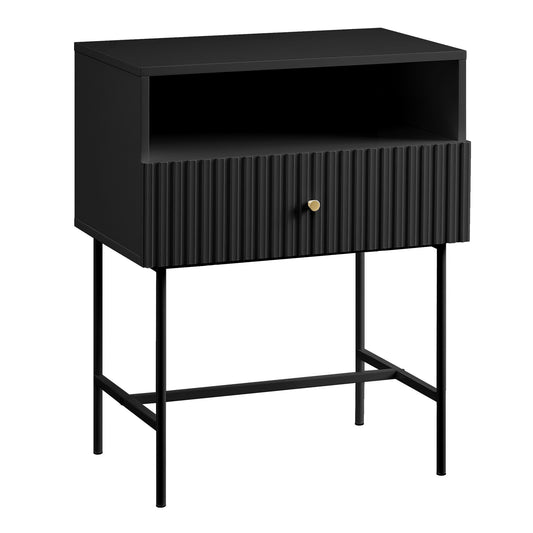 Image of sarantino cecil slender fluted bedside table in black  available at The Epic Shop