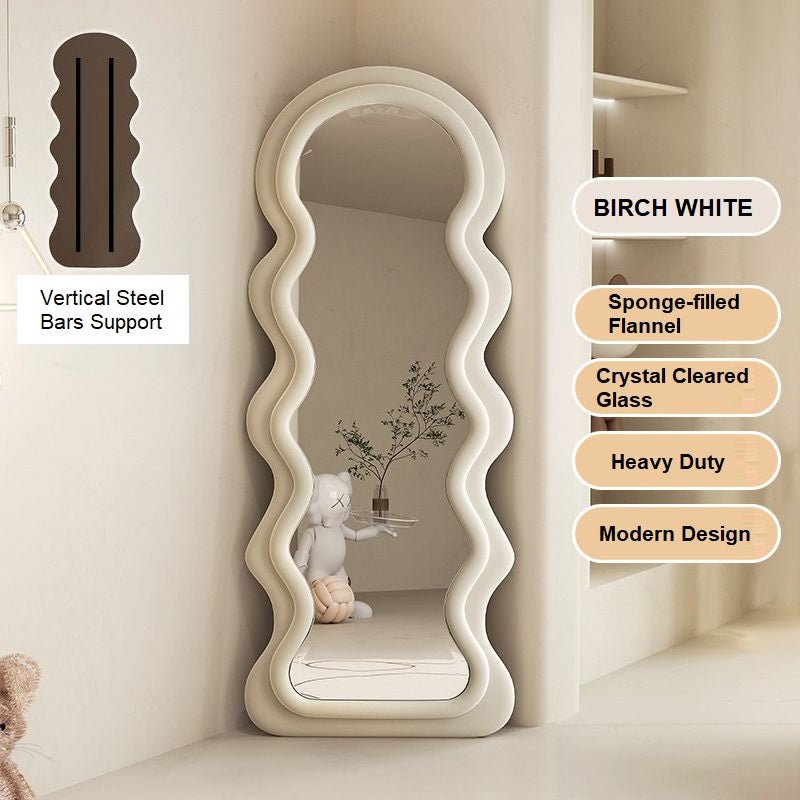 Image of 1.7m elegance curvy floor mirror wavy full lenght curvy squiggle full body irregular asymmetrical floor home decor birch white ideal for luxury casual home interiors