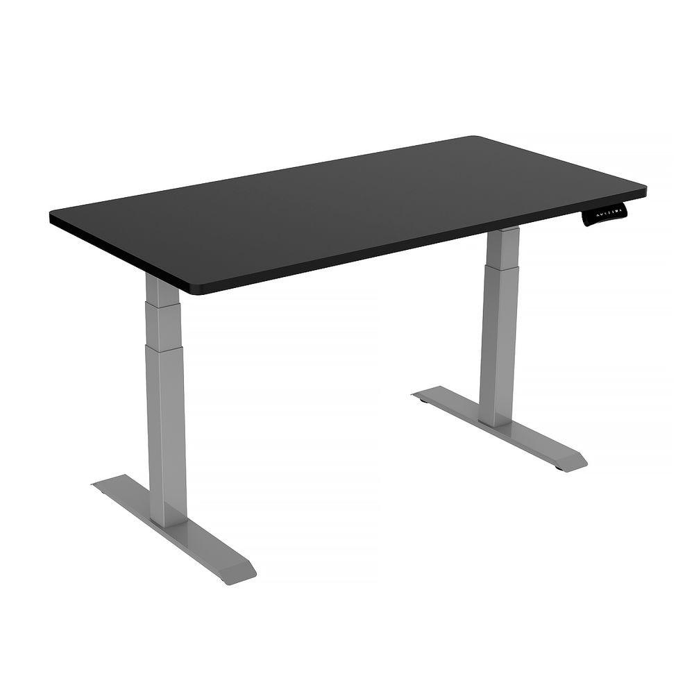 Image of 140cm standing desk height adjustable sit stand motorised grey dual motors frame black top suitable for aged care, corporate offices, and commercial settings
