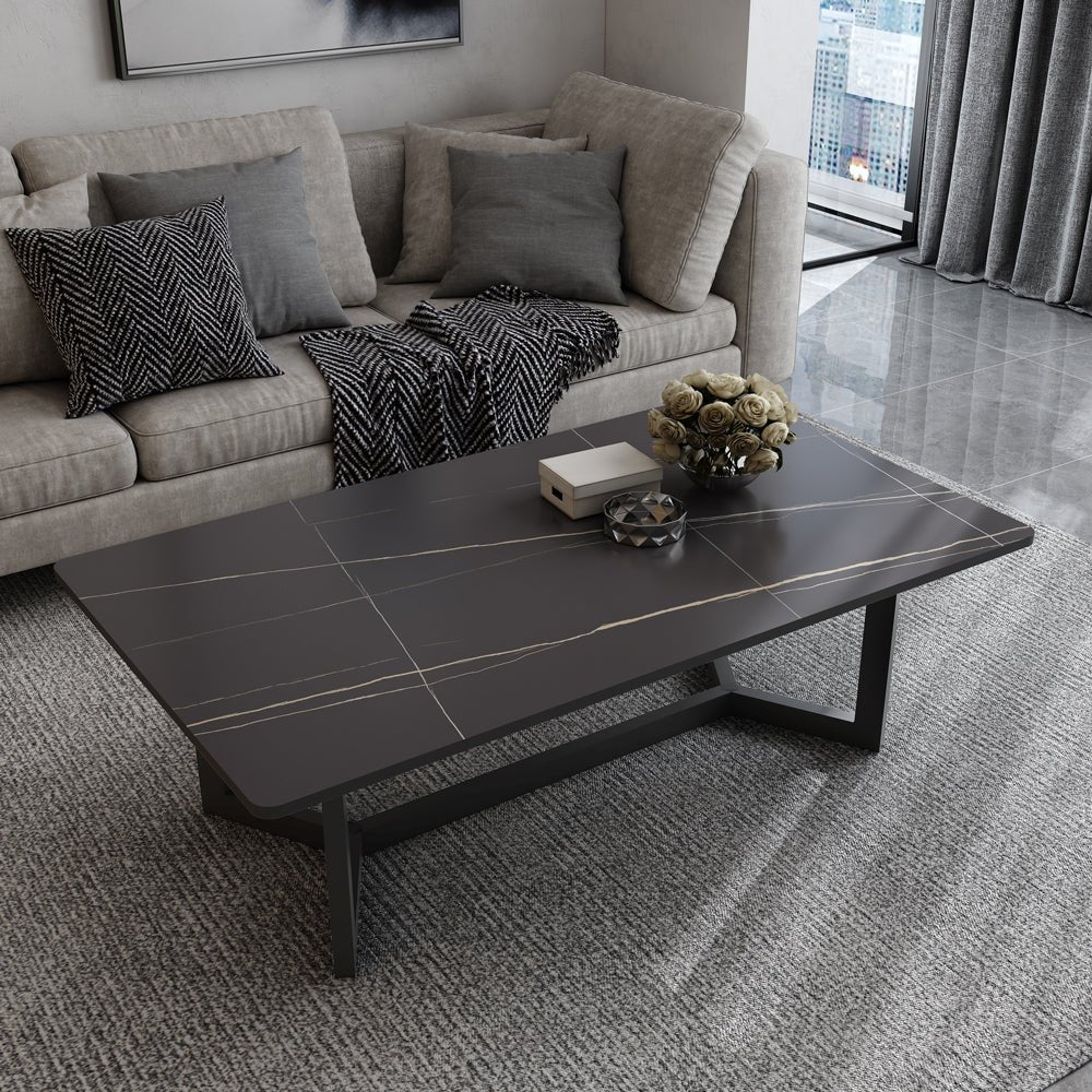 Image of 120x60cm matte black minimalist slate coffee table marble tea table living room rectangle cocktail side table solid metal legs ideal for luxury casual home interiors