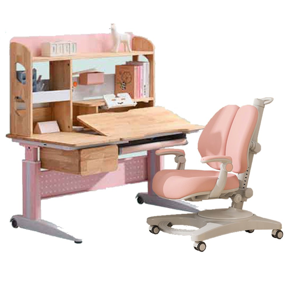Image of solid rubber wood height adjustable children kids ergonomic pink study desk chair 120cm au suitable for aged care, corporate offices, and commercial settings