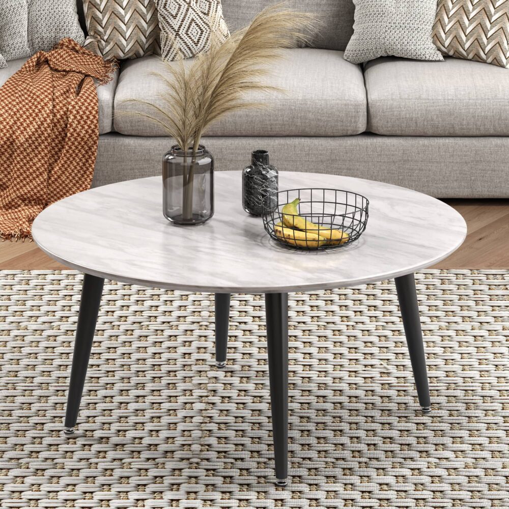 Image of minimalist marble effect round coffee table available at The Epic Shop