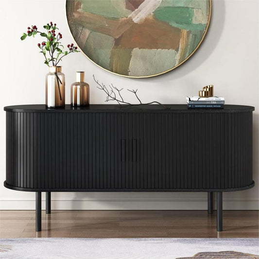 Image of ribbed black sideboard with sliding doors  ideal for luxury casual home interiors