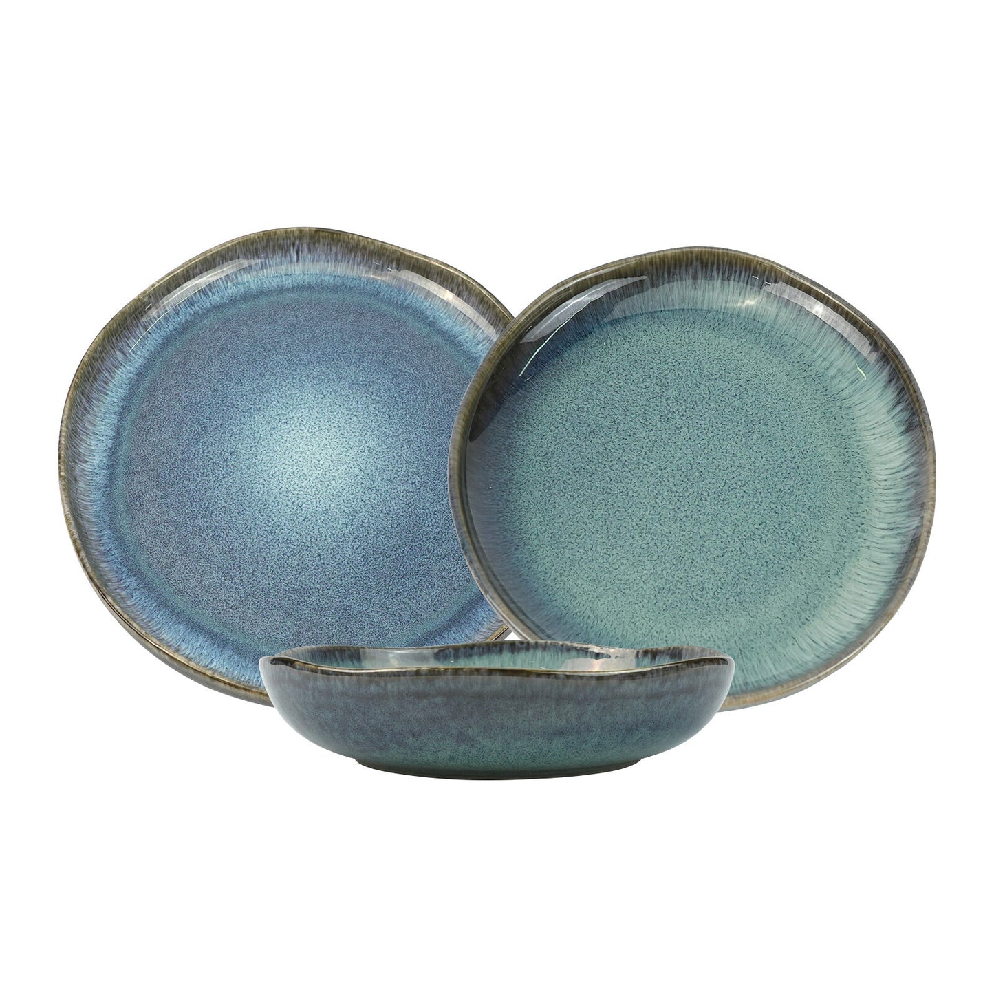 Image of 3 pieces reactive glazed ceramic organic fine dinner set with plate and bowl earthy aqua ideal for luxury casual home interiors