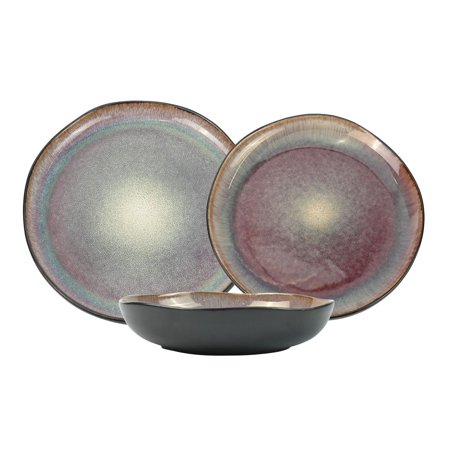 Image of 3 pieces reactive glazed ceramic organic fine dinner set with plate and bowl earthy blue brown ideal for luxury casual home interiors