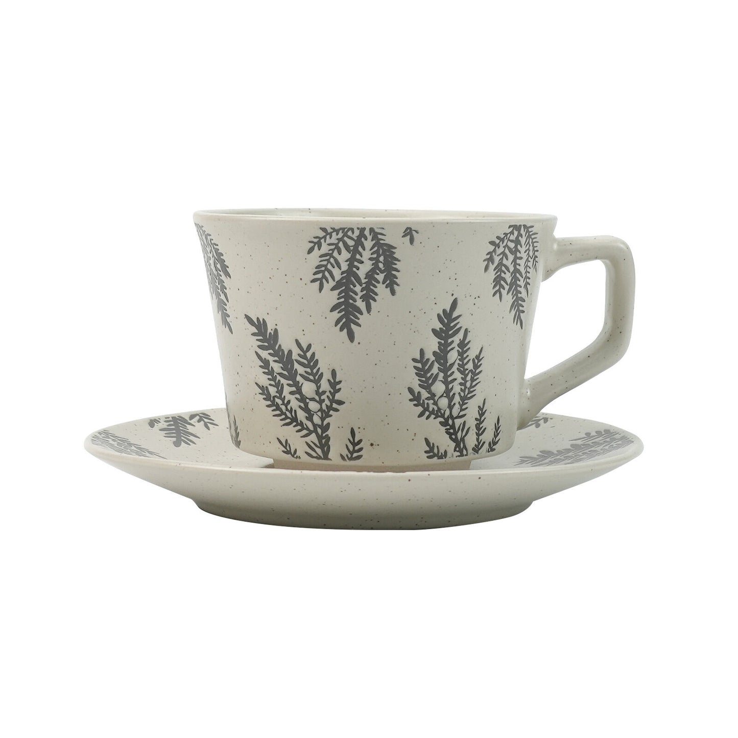 Image of high-fired ceramic stoneware speckle cup & saucer set 380ml floral tea spoon earthy grey available at The Epic Shop