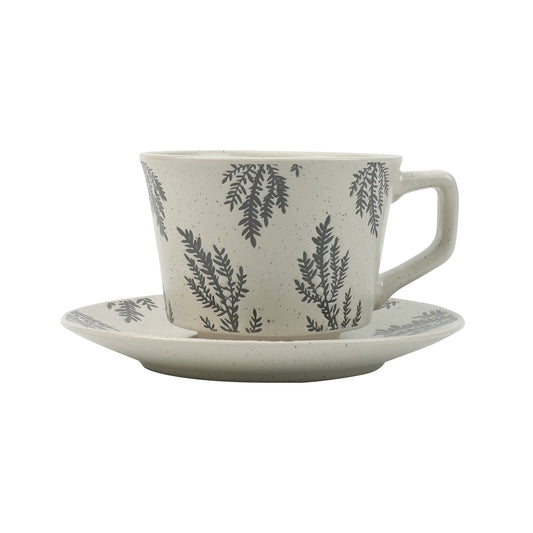 Image of high-fired ceramic stoneware speckle cup & saucer set 380ml floral tea spoon earthy grey  available at The Epic Shop