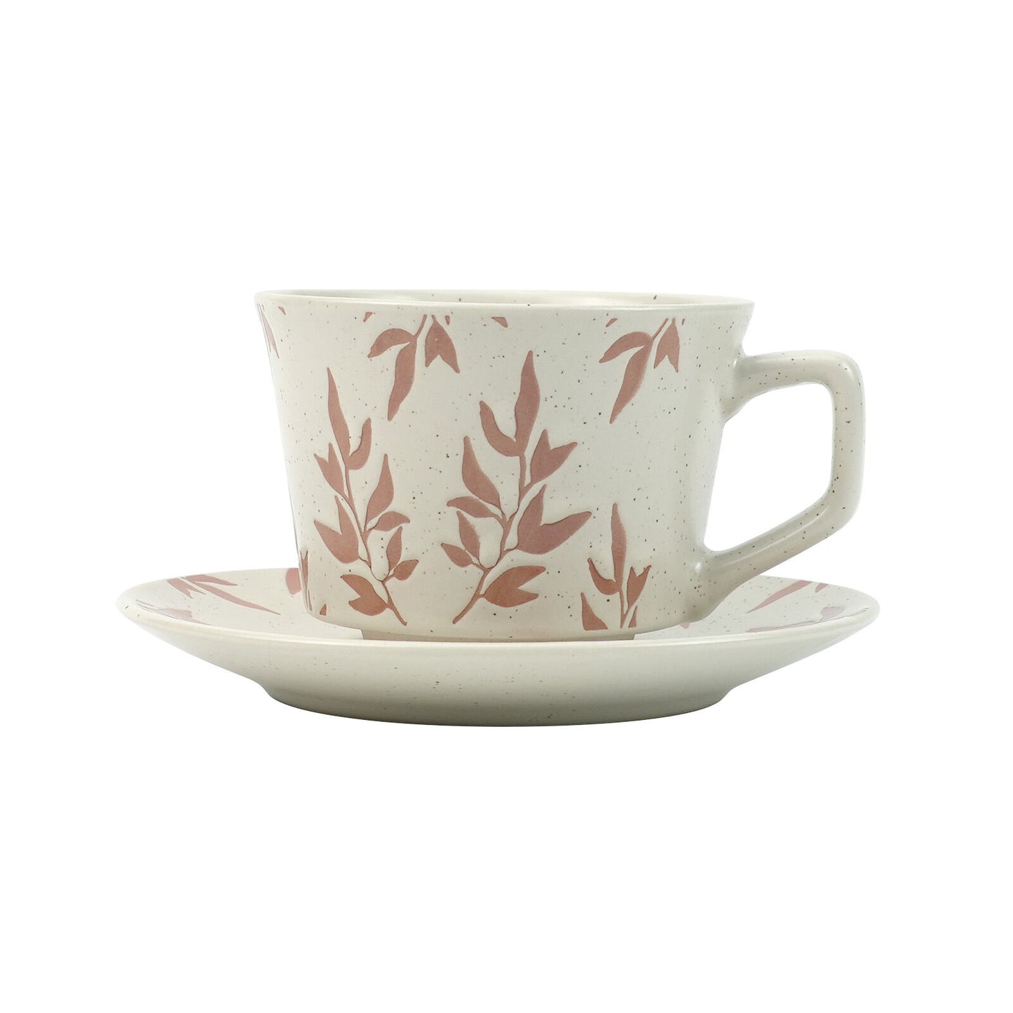 Image of high-fired ceramic stoneware speckle cup & saucer set 380ml floral tea spoon earthy red available at The Epic Shop