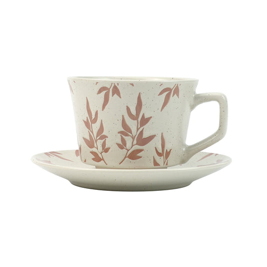 Image of high-fired ceramic stoneware speckle cup & saucer set 380ml floral tea spoon earthy red  available at The Epic Shop