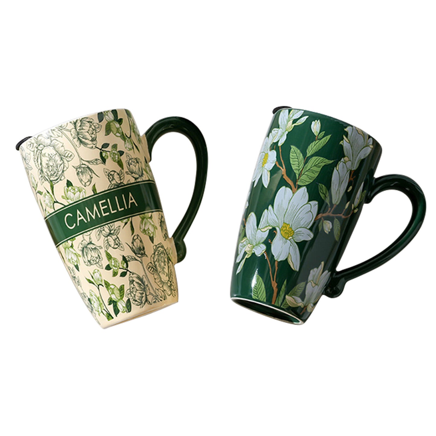 Image of 2x high-fired ceramic porcelain mug with travel lid 600ml vintage floral green ideal for luxury casual home interiors