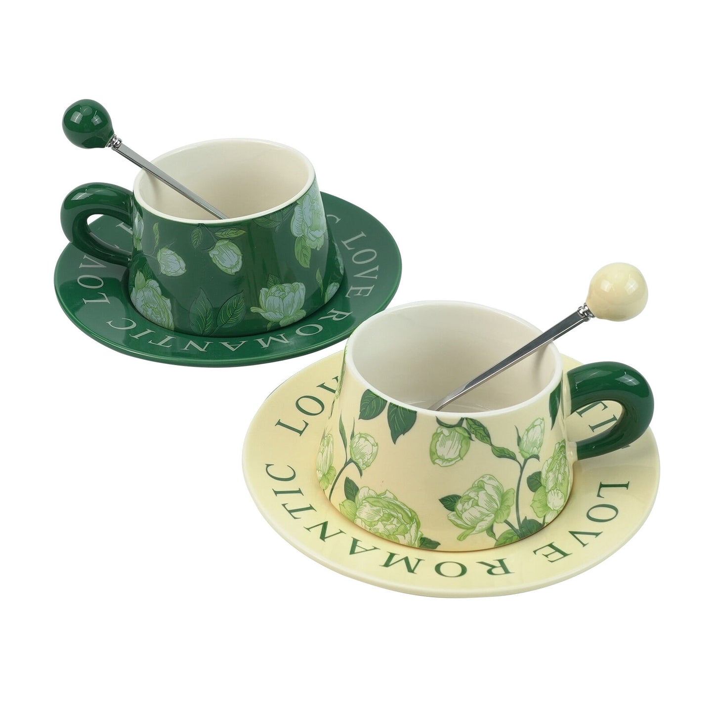 Image of 2x high-fired ceramic porcelain cup & saucer set 300ml vintage floral tea spoon green available at The Epic Shop