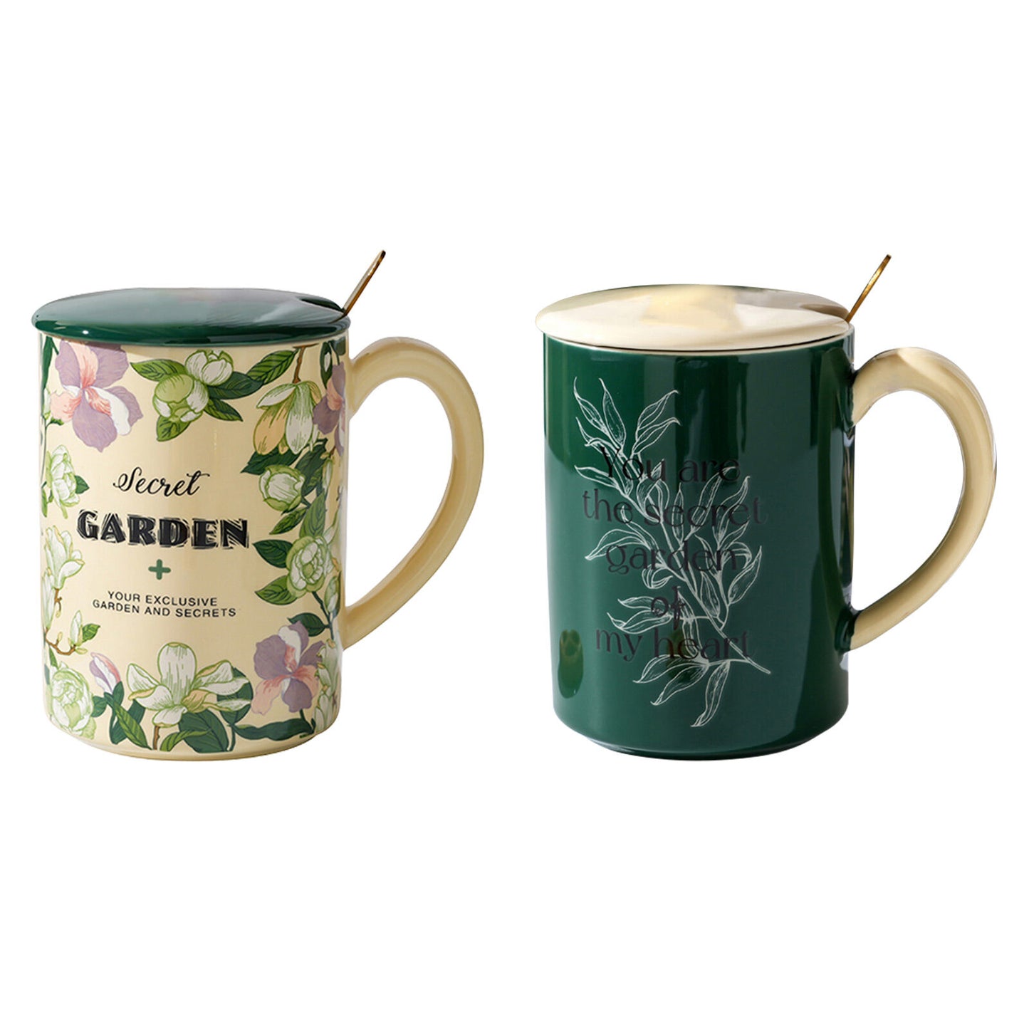 Image of 2x high-fired ceramic porcelain mug set with lid 400ml vintage floral tea spoon green ideal for luxury casual home interiors