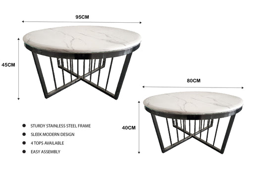 Image of salina coffee table 80cm black base - white marble  ideal for luxury casual home interiors