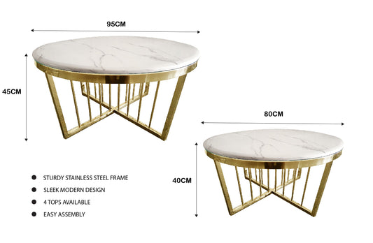 Image of salina coffee table 80cm gold base - white marble  ideal for luxury casual home interiors