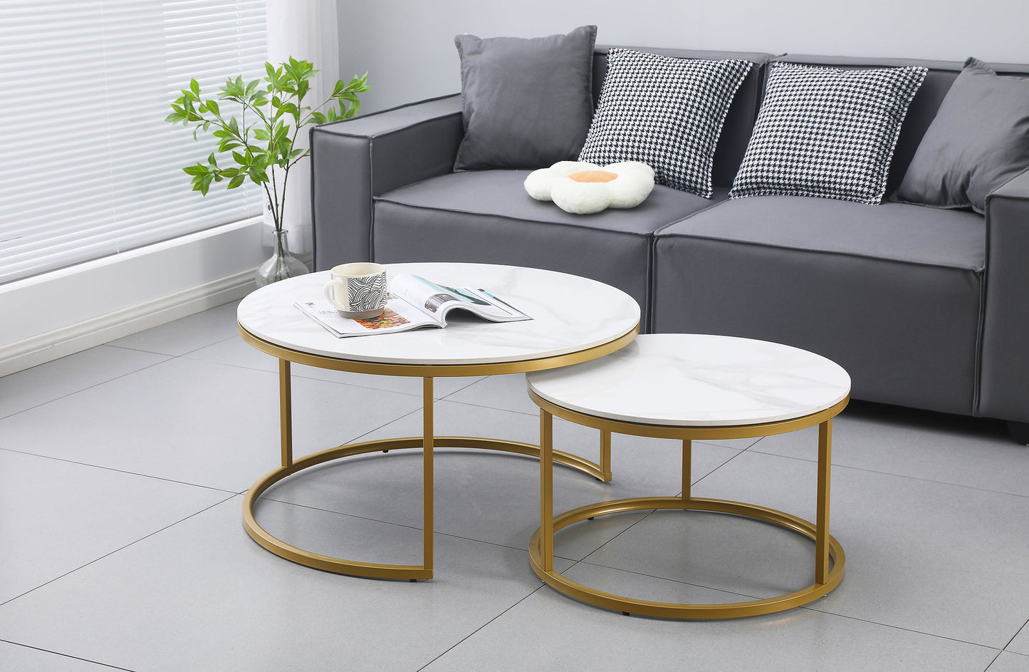 Image of nesting style coffee table - white on champagne gold - 80cm/60cm ideal for luxury casual home interiors