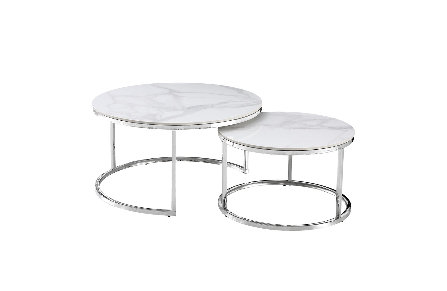 Image of nesting style coffee table - white on silver stainless steel - 80cm/60cm ideal for luxury casual home interiors