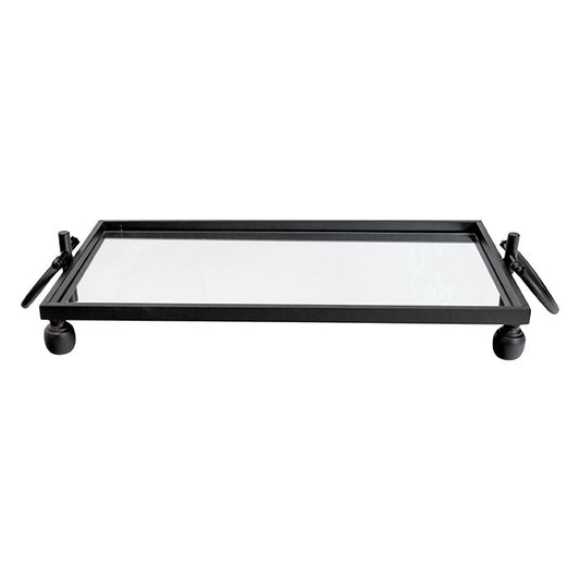 Image of eliza small rectangle iron mirror tray with handles - black  ideal for luxury casual home interiors