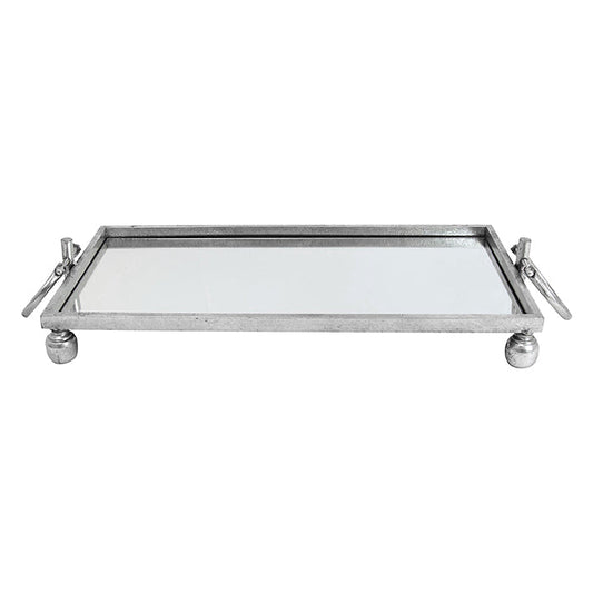 Image of eliza small rectangle iron mirror tray with handles - silver  ideal for luxury casual home interiors