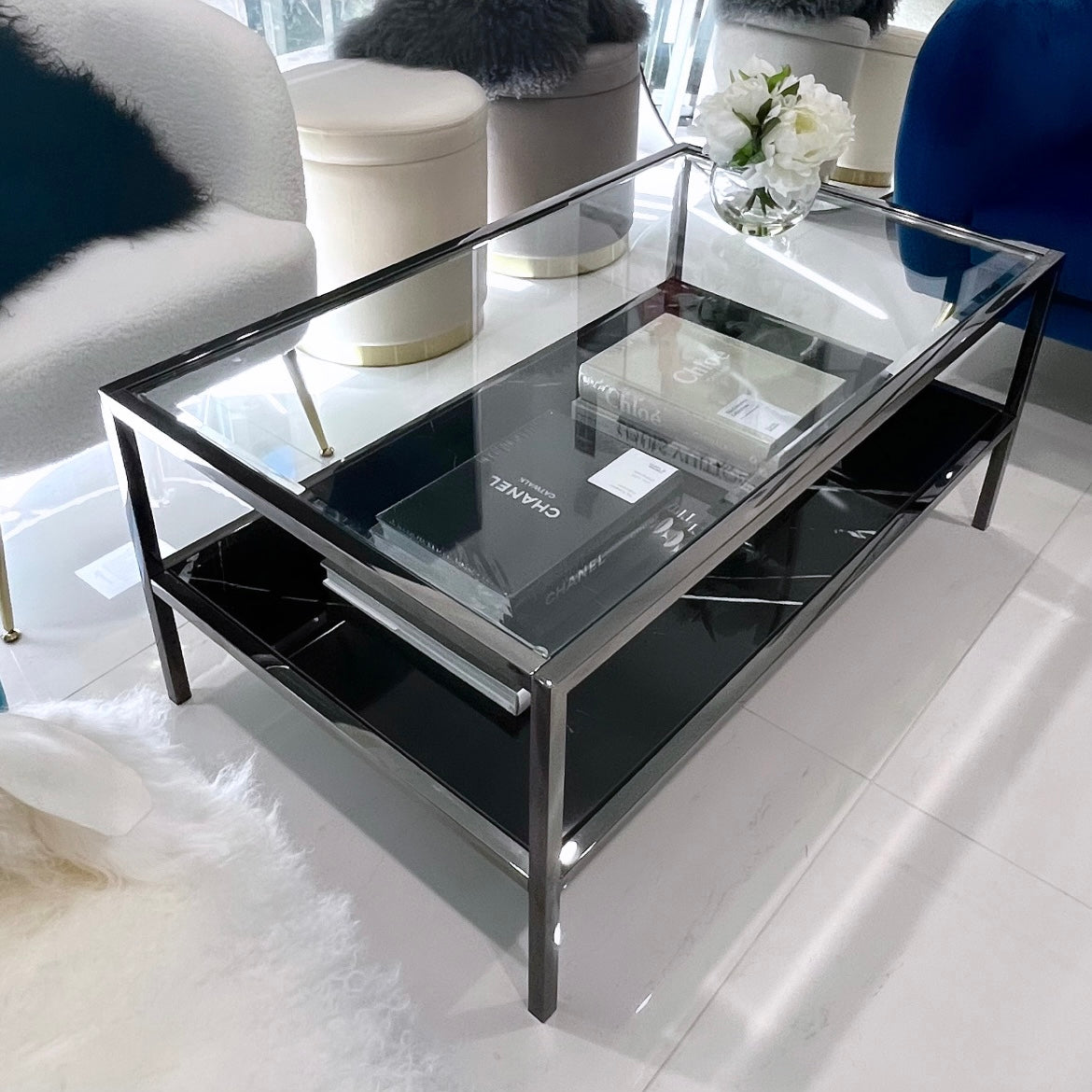 Image of interior ave - vogue coffee table - black marble stone & glass ideal for luxury casual home interiors