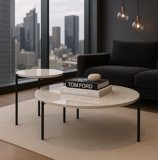 Image of interior ave - bianco nested coffee table set - white marble stone  ideal for luxury casual home interiors