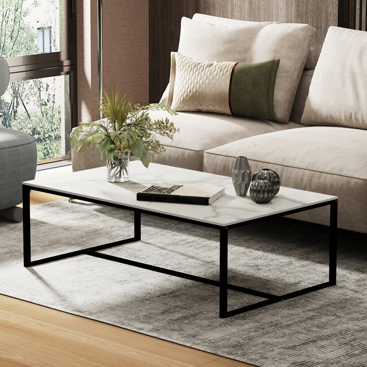 Image of interior ave - monaco rectangle coffee table - white marble stone ideal for luxury casual home interiors
