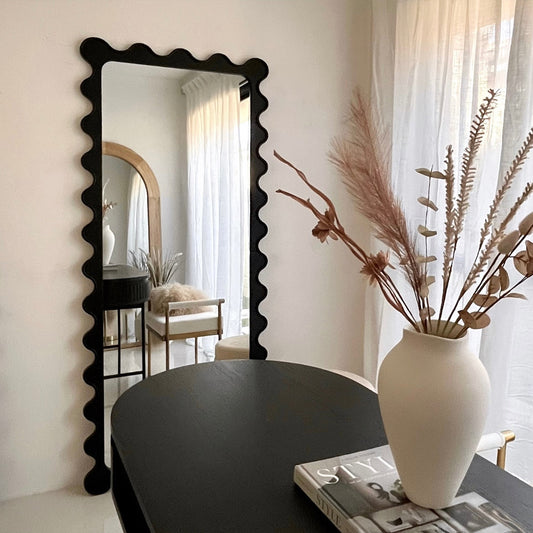 Image of interior ave - freya scallop mirror - black - large full length mirror  ideal for luxury casual home interiors