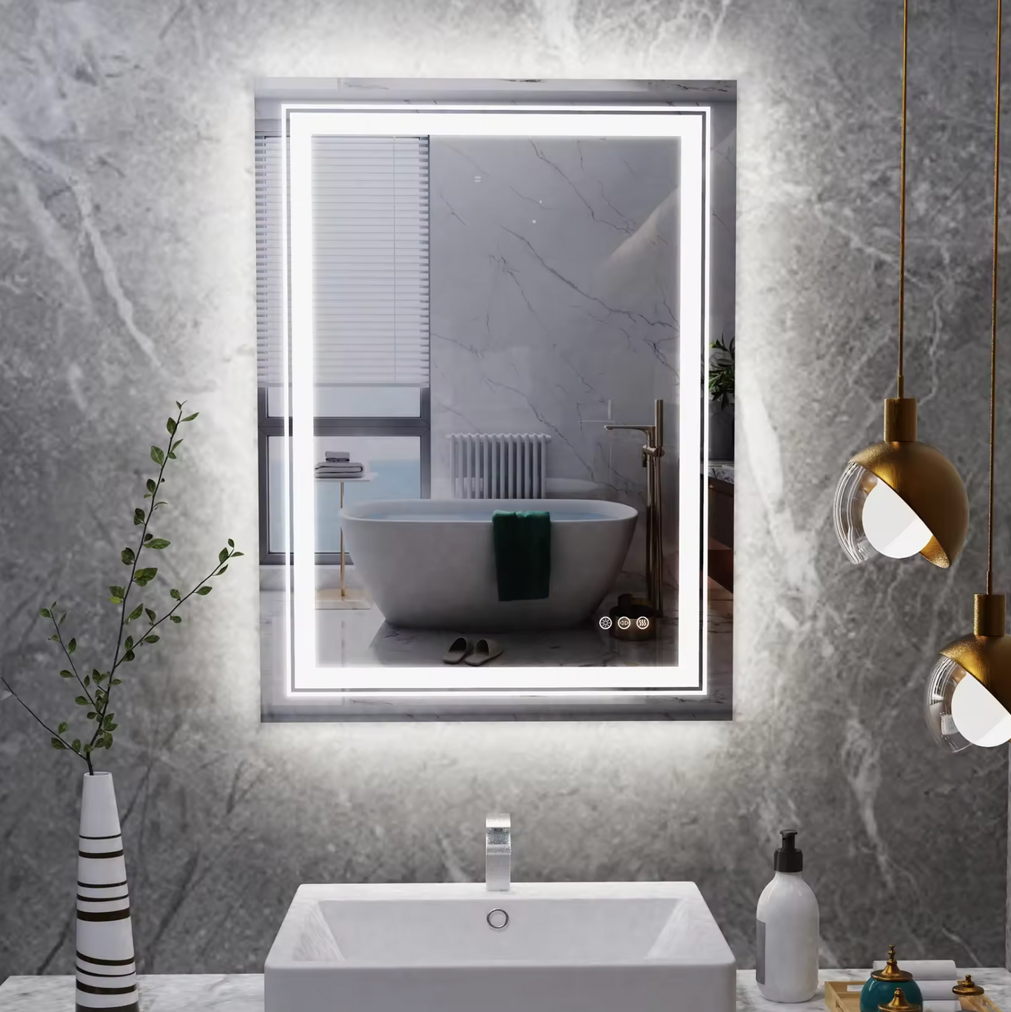 Image of interior ave - led rectangle frameless salon / bathroom wall mirror - 70 x 50cm ideal for luxury casual home interiors