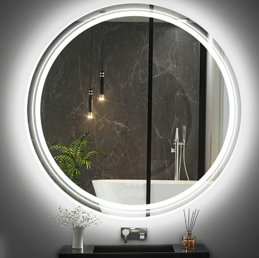 Image of interior ave - led round frameless salon / bathroom wall mirror - 90cm  ideal for luxury casual home interiors