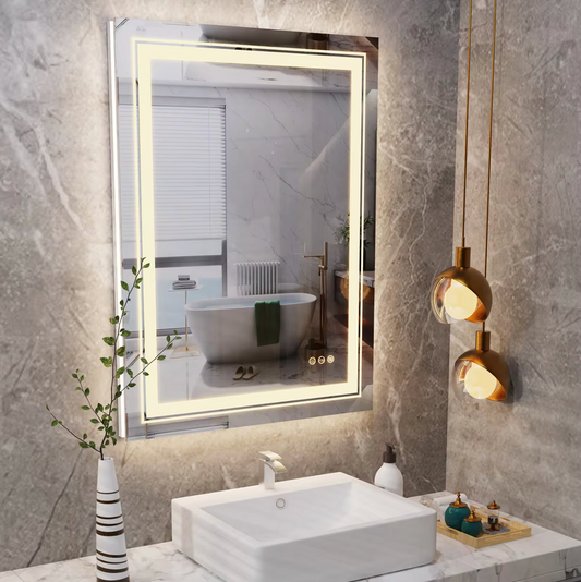 Image of interior ave - led rectangle frameless salon / bathroom wall mirror - 90 x 70cm  ideal for luxury casual home interiors