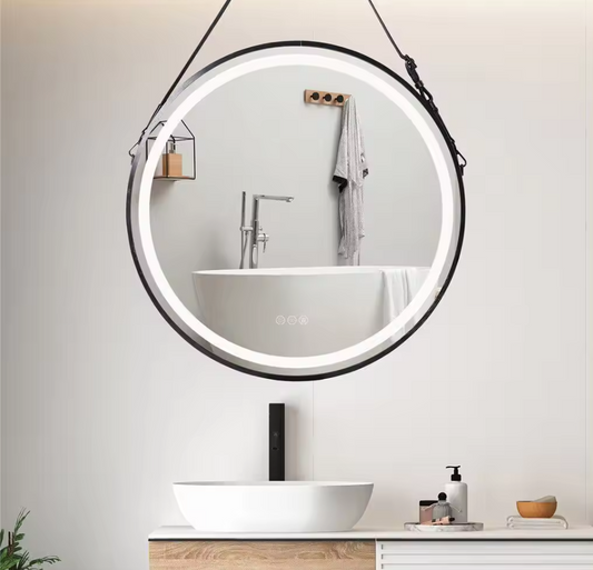 Image of interior ave - led round hanging salon / bathroom wall mirror - black - 60cm  versatile for both home and professional use