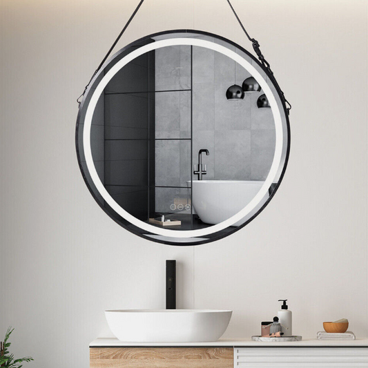 Image of interior ave - led round hanging salon / bathroom wall mirror - black - 80cm  versatile for both home and professional use
