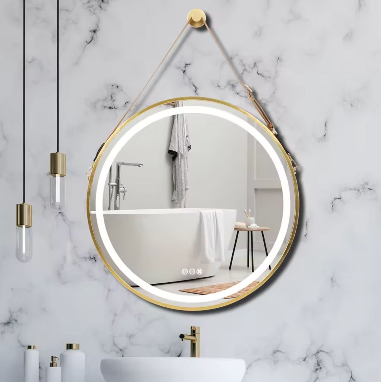 Image of interior ave - led round hanging salon / bathroom wall mirror - gold - 60cm versatile for both home and professional use