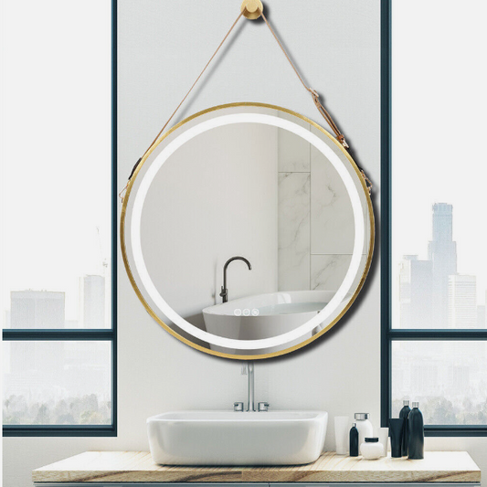 Image of interior ave - led round hanging salon / bathroom wall mirror - gold - 80cm  versatile for both home and professional use