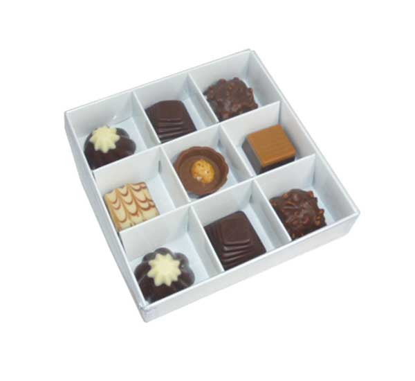 Image of 100 pack of white card chocolate sweet soap product retail gift box - 9 bay 4x4x3cm compartments - clear slide on lid - 12x12x3cm suitable for aged care, corporate offices, and commercial settings