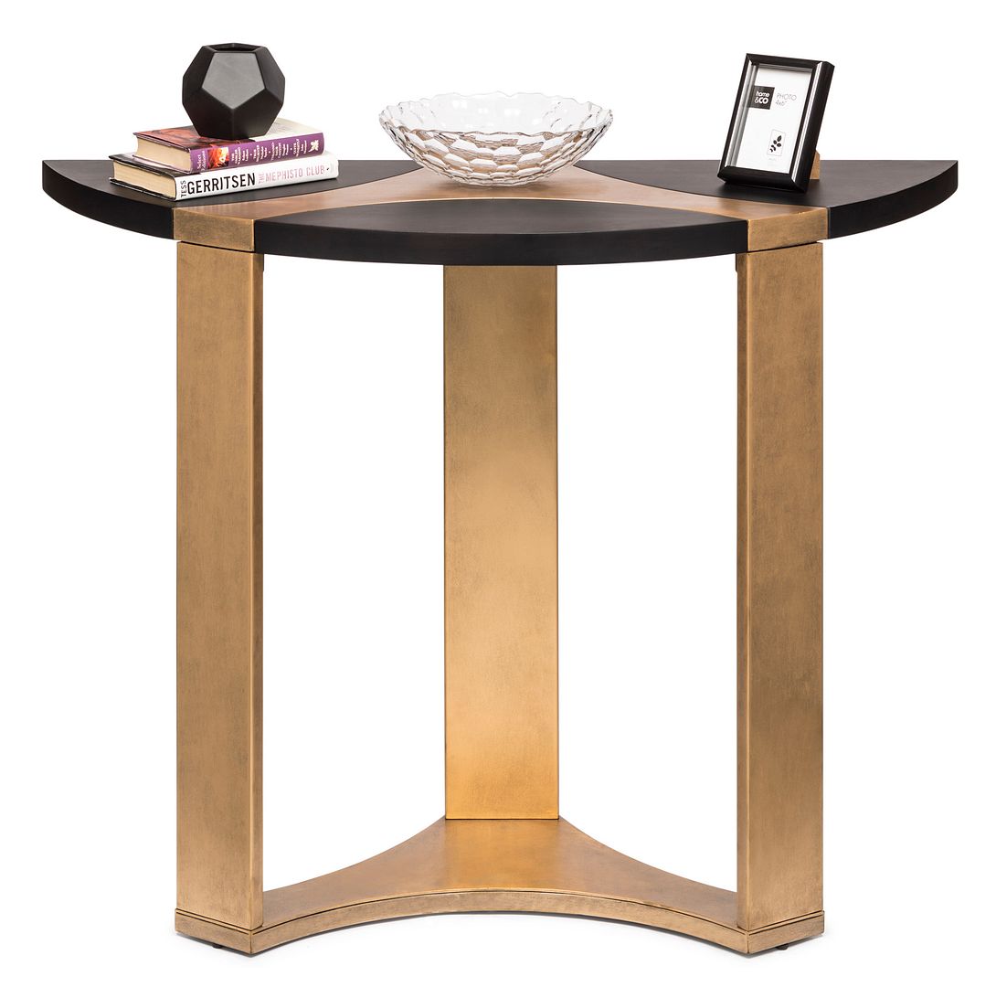 Image of contemporary half round brass and black hallway console table ideal for luxury casual home interiors