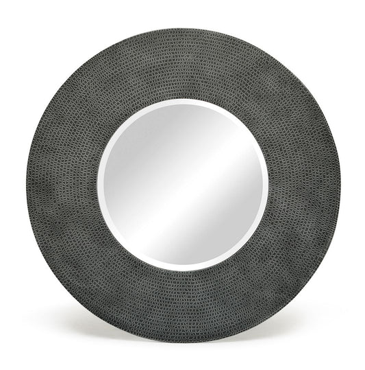 Image of round wall mirror with croc pattern frame in black silver finish  ideal for luxury casual home interiors