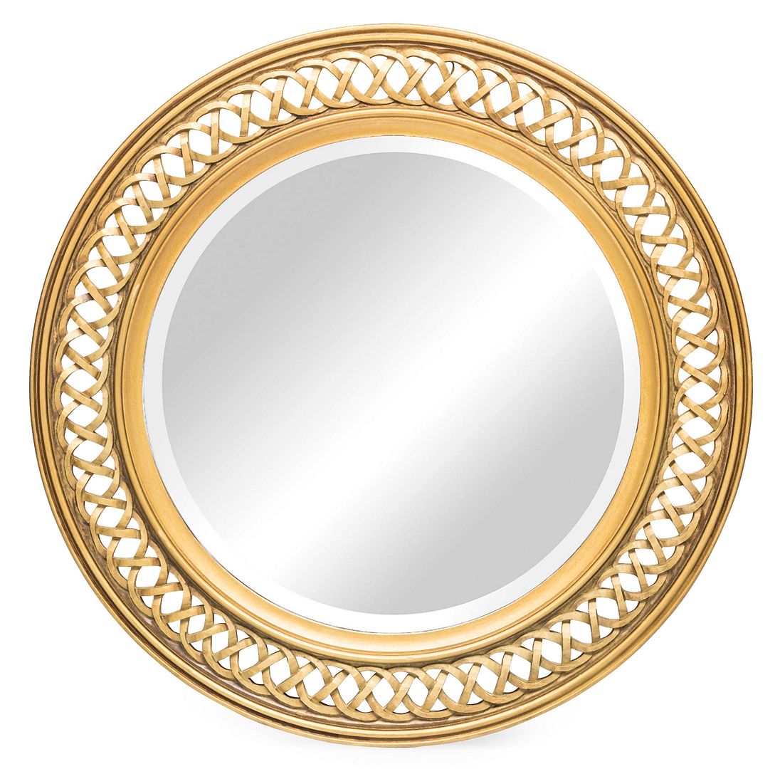 Image of decorative wooden round wall mirror in rustic gold finish  ideal for luxury casual home interiors