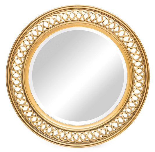 Image of decorative wooden round wall mirror in rustic gold finish  ideal for luxury casual home interiors