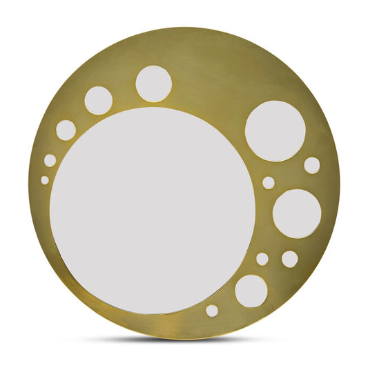 Image of decorative round wall mirror art in brass finish  ideal for luxury casual home interiors