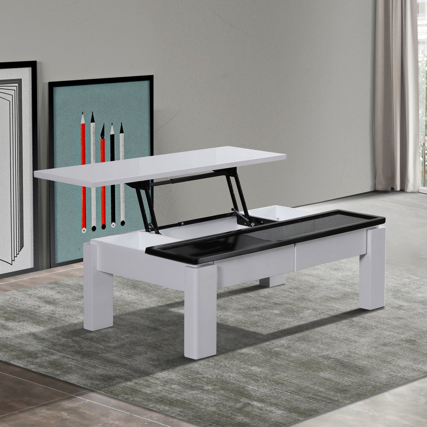 Image of coffee table high gloss finish lift up top mdf black & white colour interior storage ideal for luxury casual home interiors