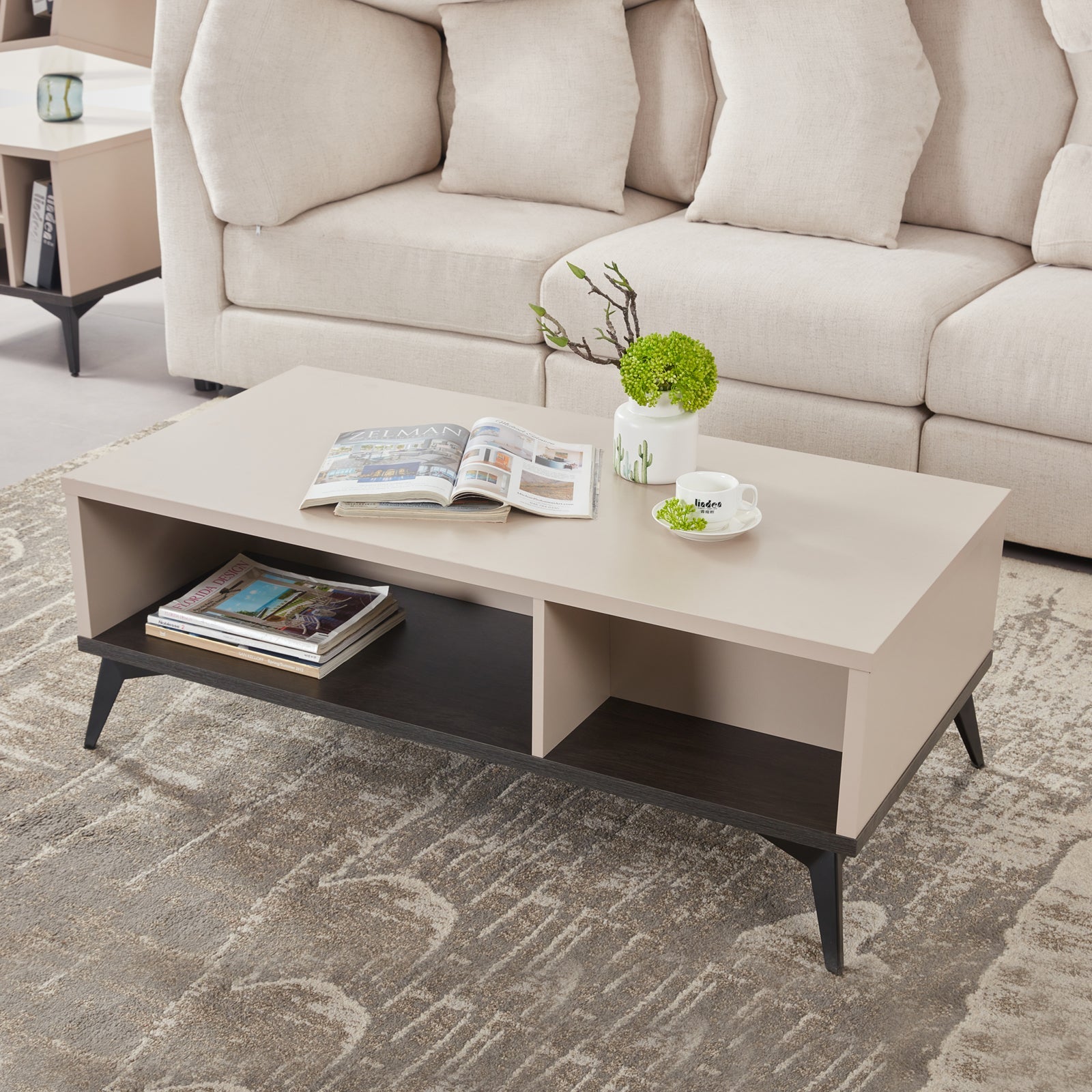 Image of coffee table 2 open storage cabinet mdf in champagne colour  ideal for luxury casual home interiors