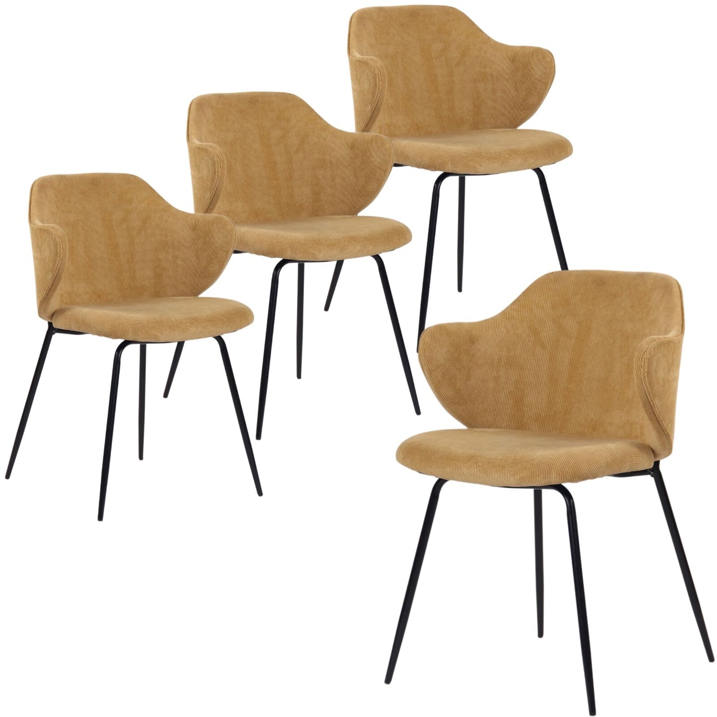 Image of set of 4 dining chairs corduroy cord fabric with metal legs in mustard yellow  ideal for luxury casual home interiors